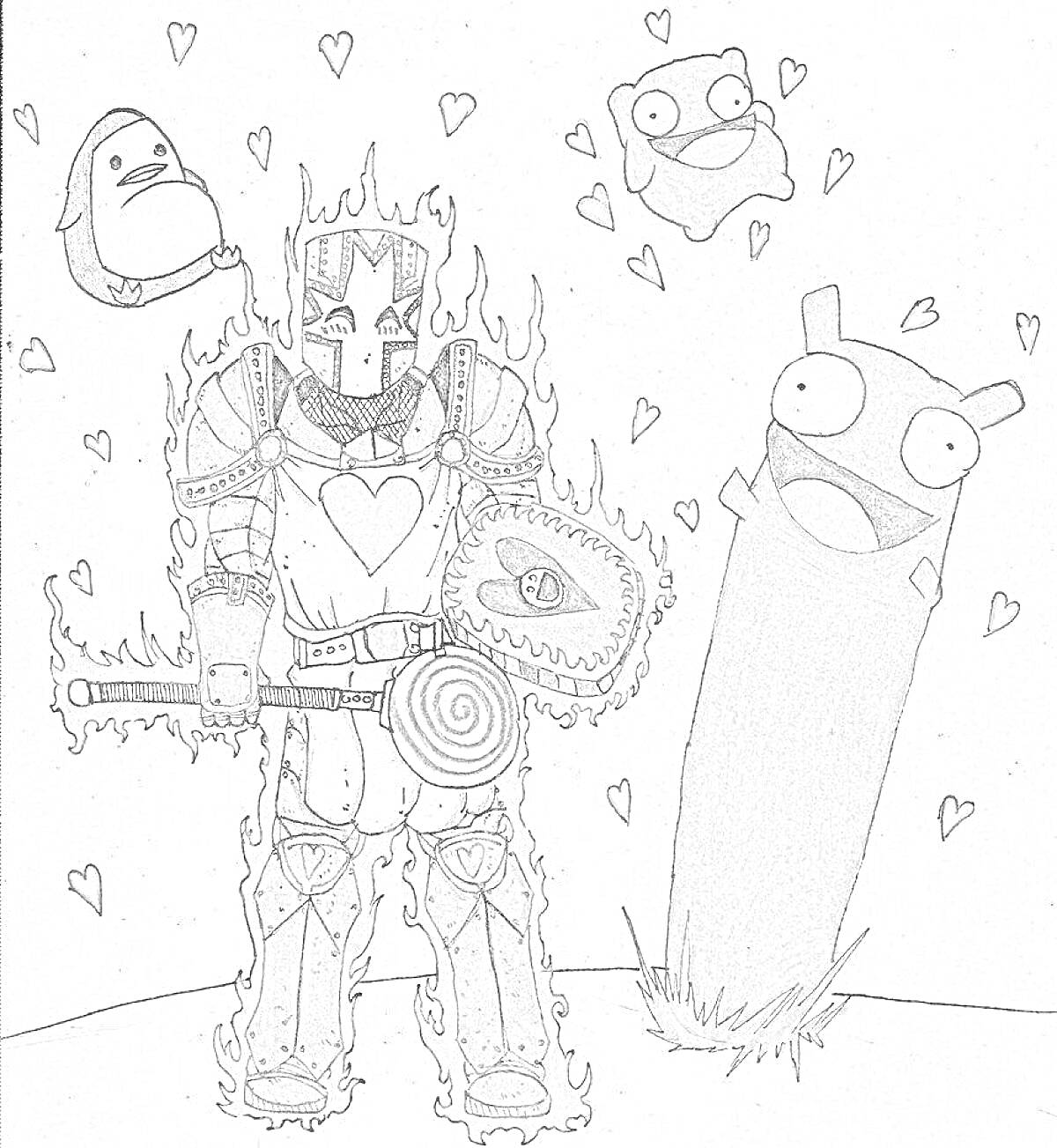 Раскраска Рыцарь с пылающим сердцем, окружённый радостными существами и сердцами