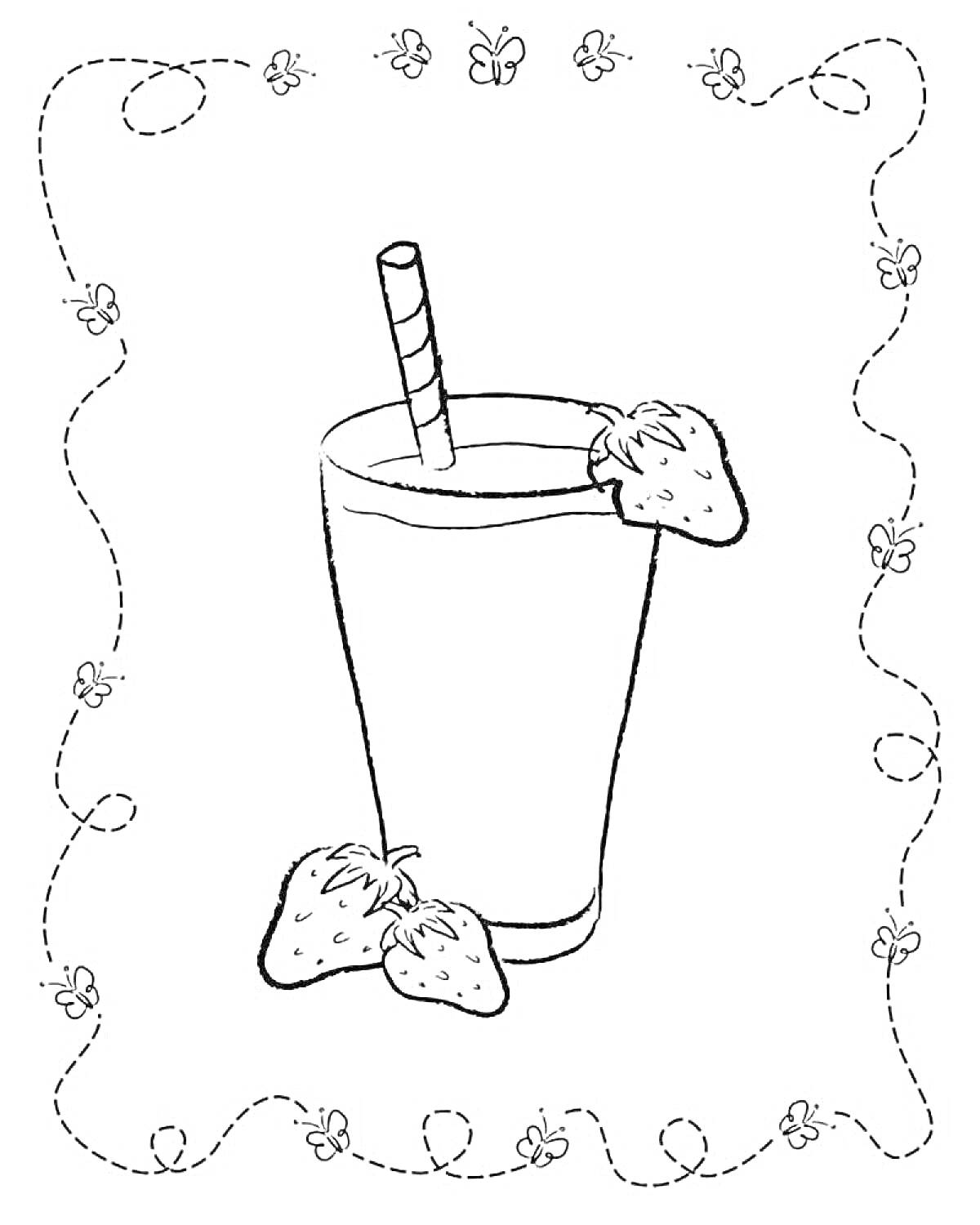 Раскраска Коктейль с клубникой и трубочкой в ажурной рамке