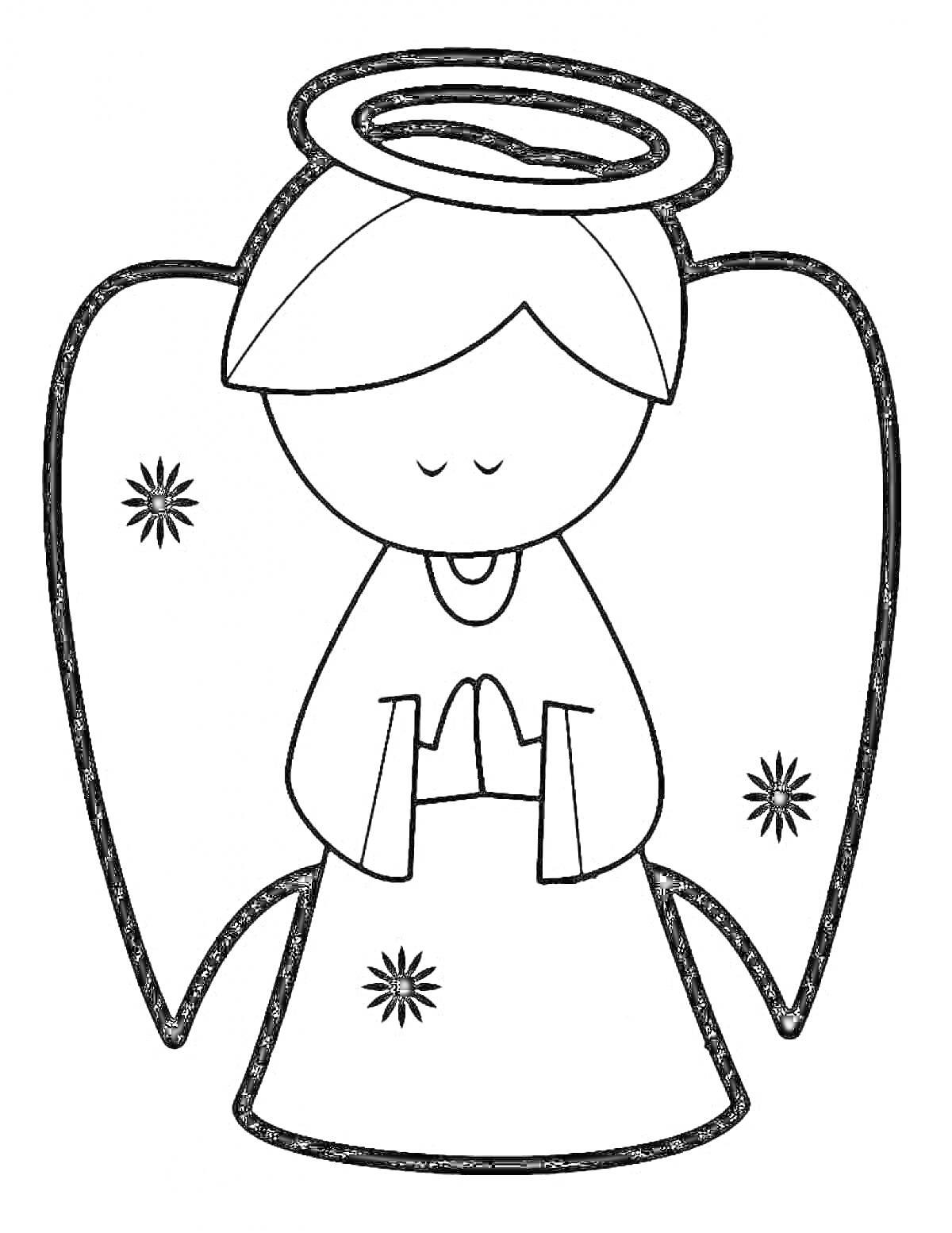 На раскраске изображено: Ангел, Крылья, Нимб, Молитва, Ребёнок, Звезды