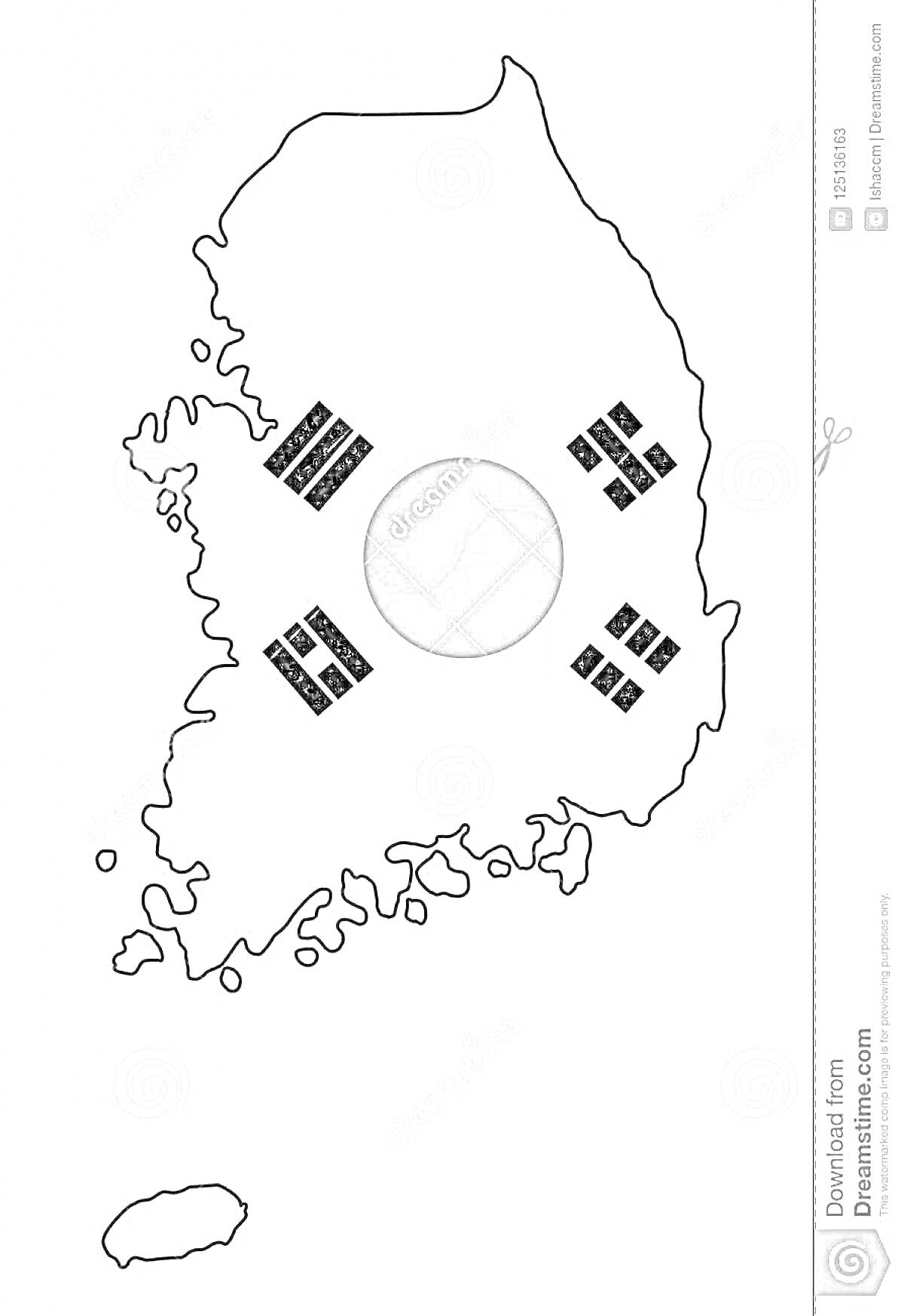 Раскраска Контур карты Южной Кореи с элементами флага