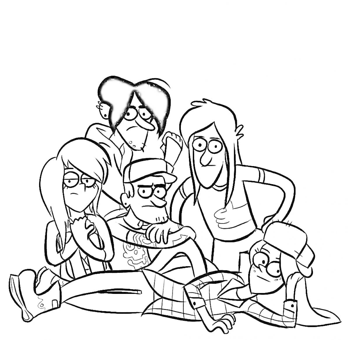 Раскраска Группа из пяти людей из мультфильма, одетых в повседневную одежду, сидящих и лежащих вместе в куче