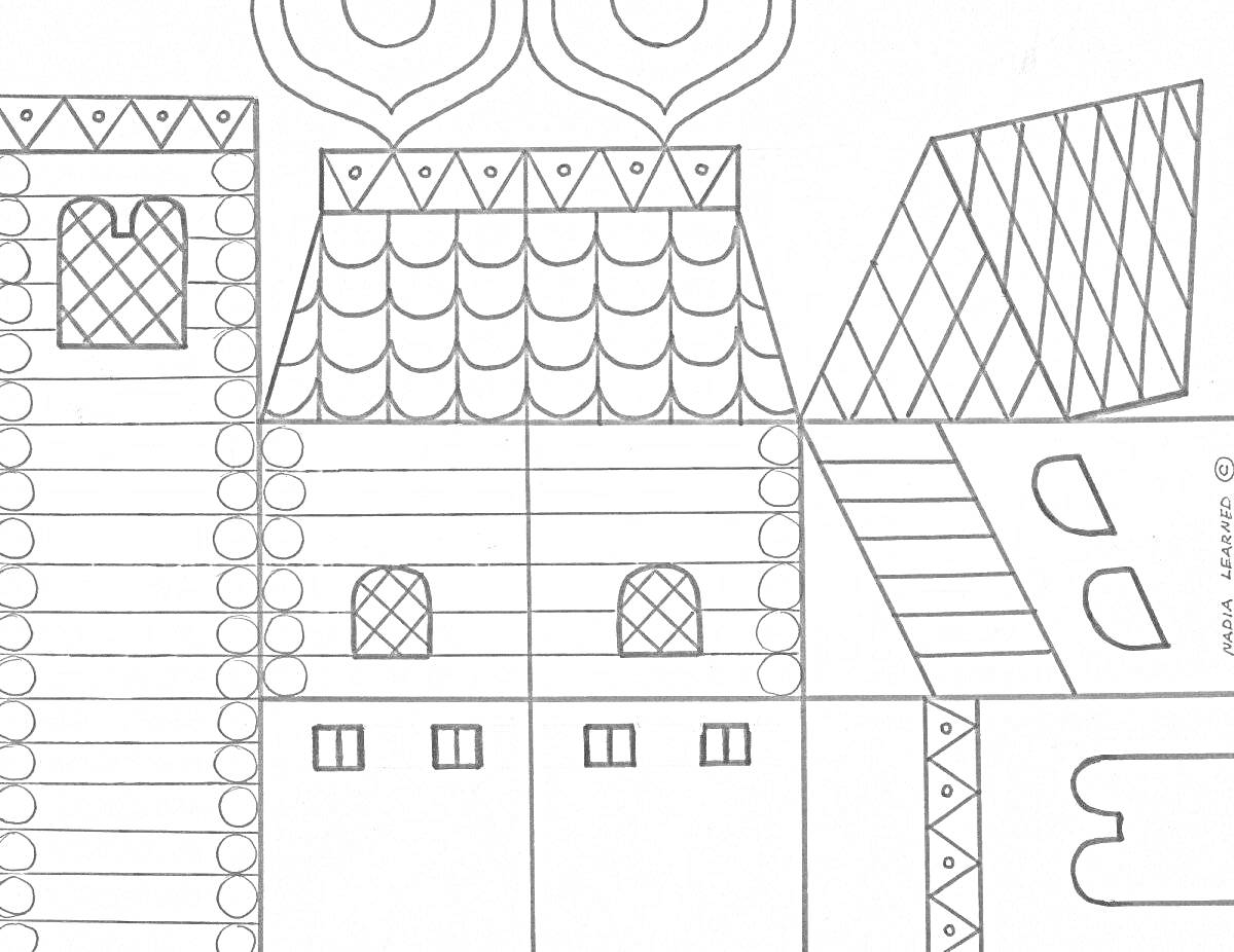 На раскраске изображено: Терем, Башни, Окна, Архитектура, Узоры, Крыша
