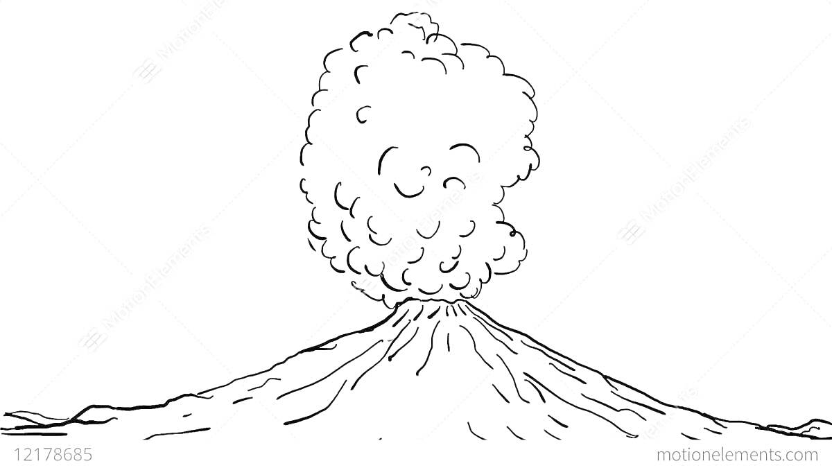 На раскраске изображено: Вулкан, Извержение, Для детей, Природа, Клубы дыма, Лицо, Дым