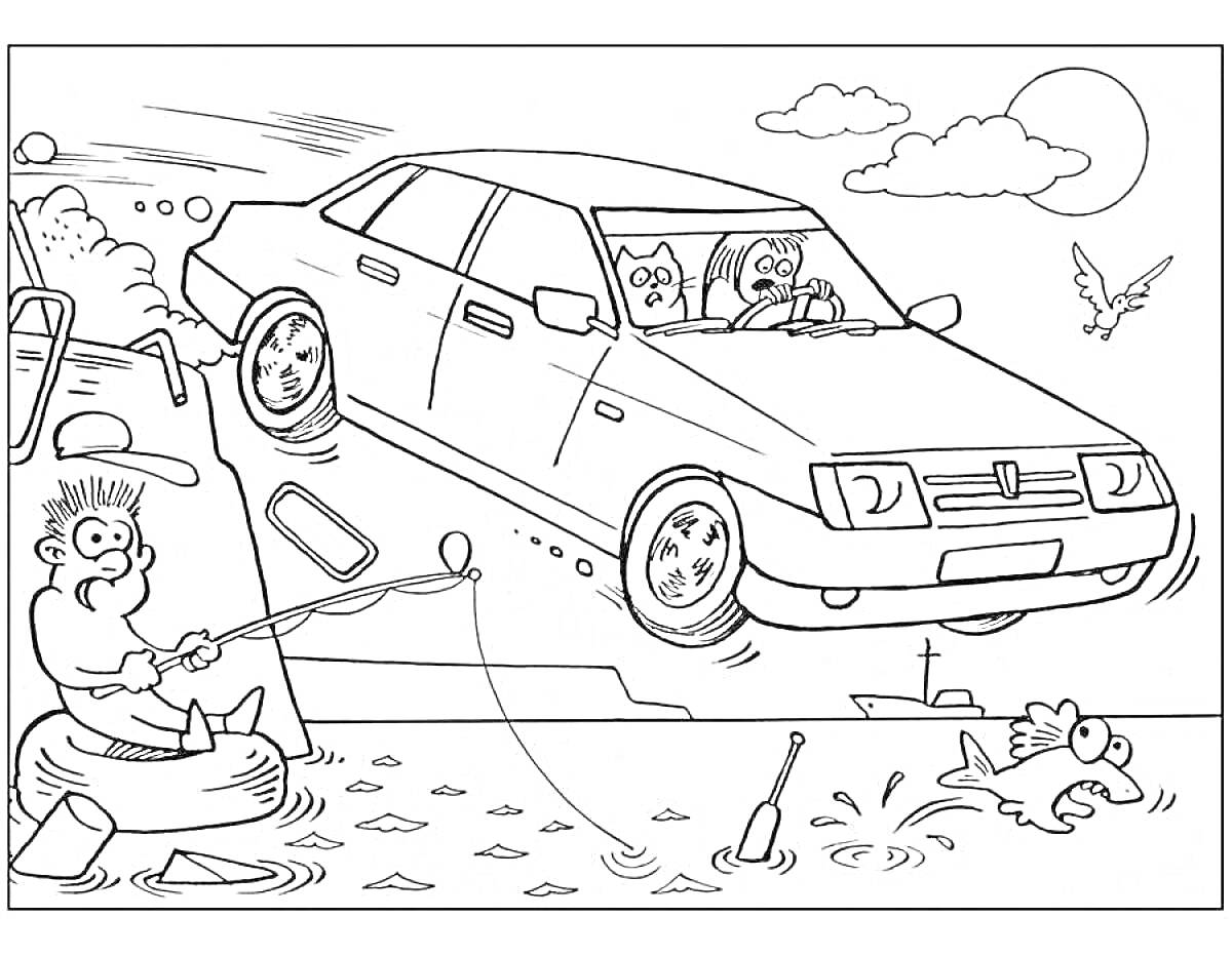 Раскраска Машина на дороге возле водоема с рыбаком, собаками в машине и птицей в небе