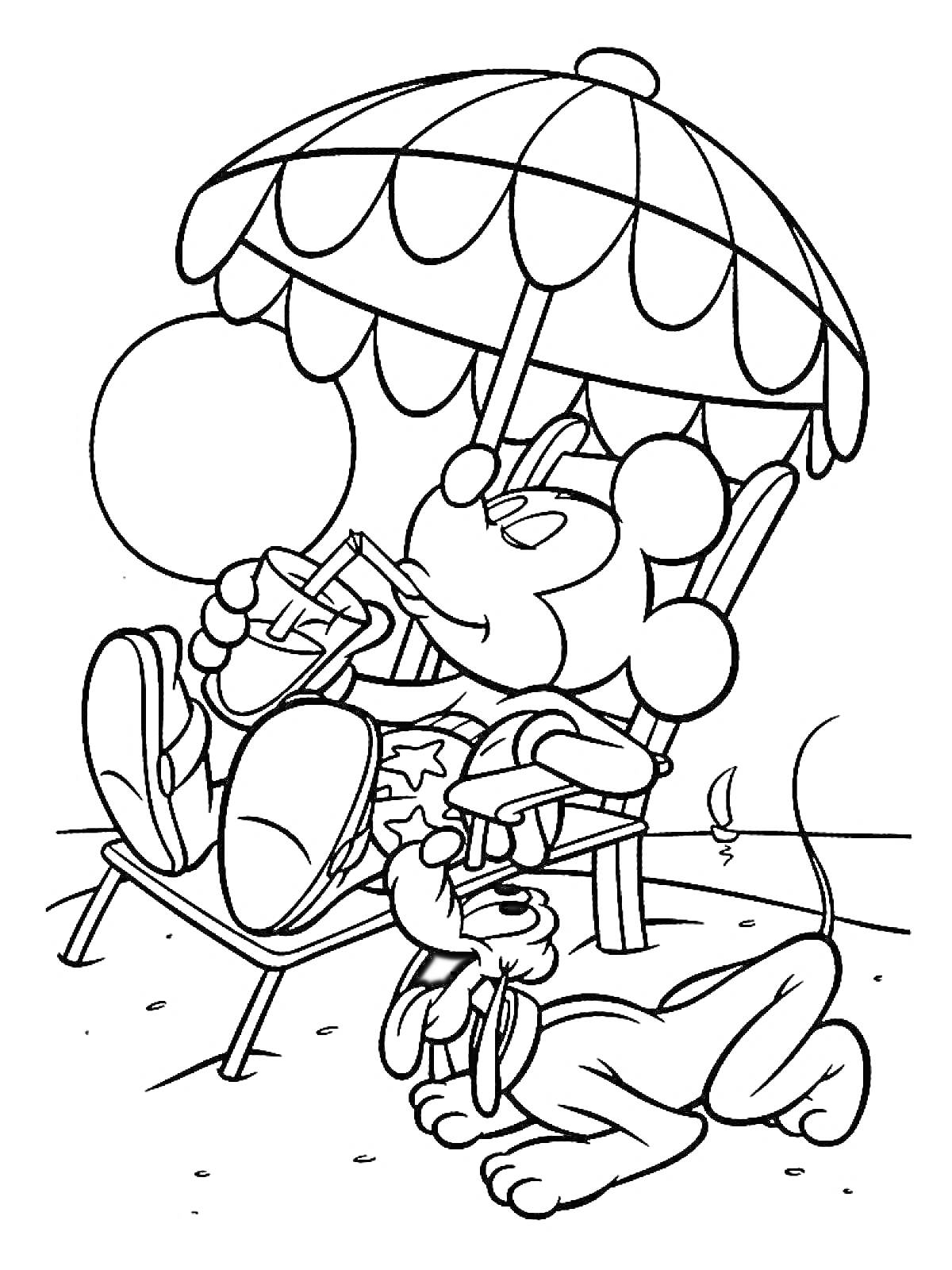 Микки Маус отдыхает на пляже, сидя на шезлонге под зонтом, с напитком в руке, рядом его собака Плуто