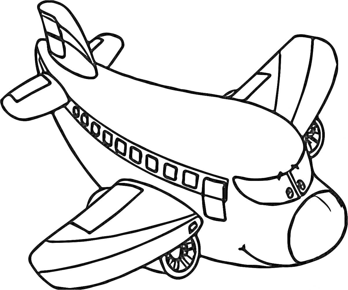 На раскраске изображено: Иллюминаторы, Шасси, Крылья, Хвост, Транспорт, Самолеты