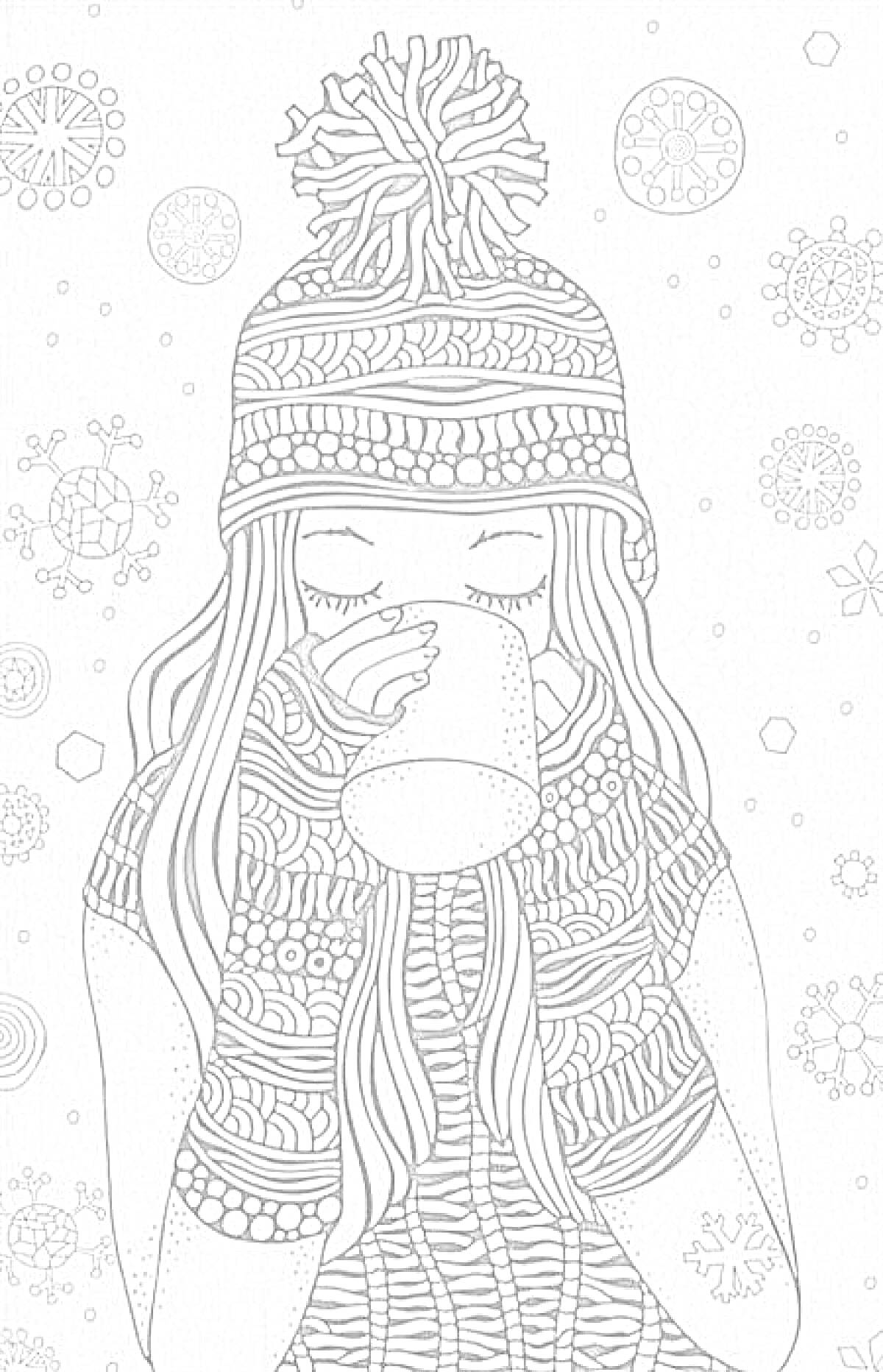  Девушка в зимней шапке и варежках с кружкой чая на фоне снежинок