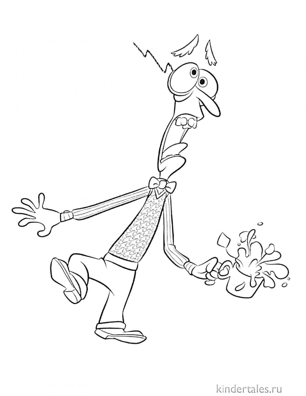 Раскраска Испуганный мужчина с кружкой и падающими брызгами