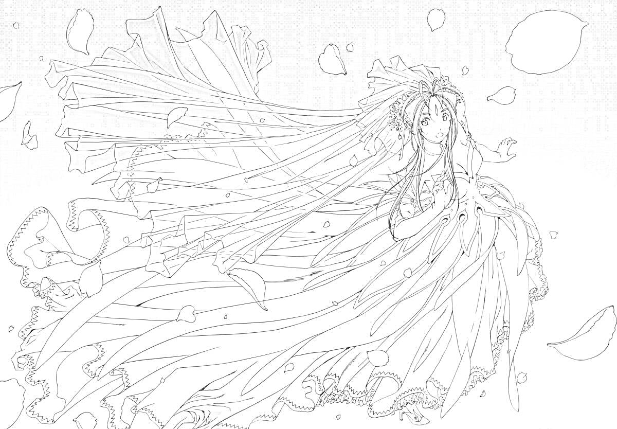 Раскраска Девушка в длинном развевающемся платье с лепестками вокруг