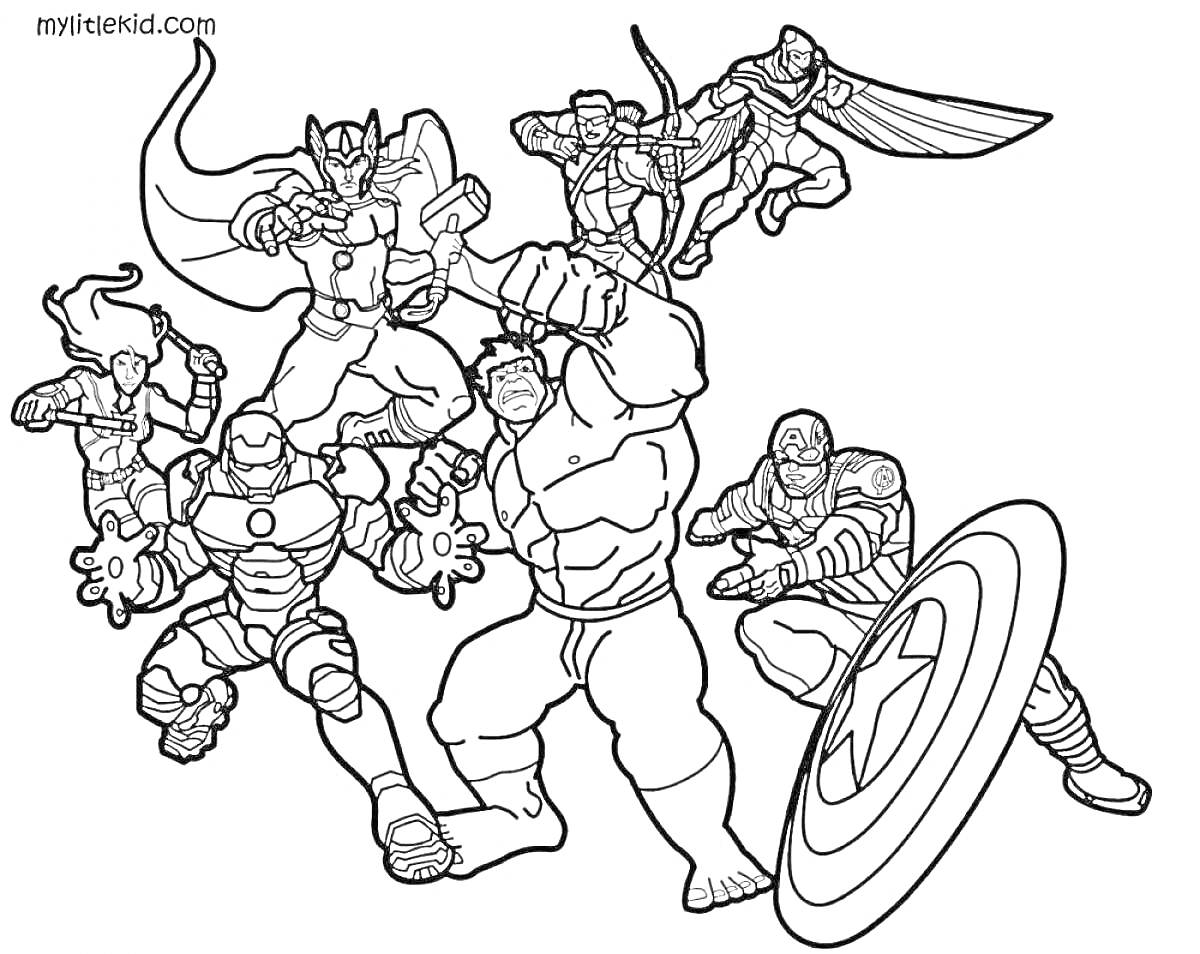 Раскраска Супергерои Марвел - группа героев, включая персонажей с крыльями, щитом, в железном костюме, с оружием на руках, и силач в центре