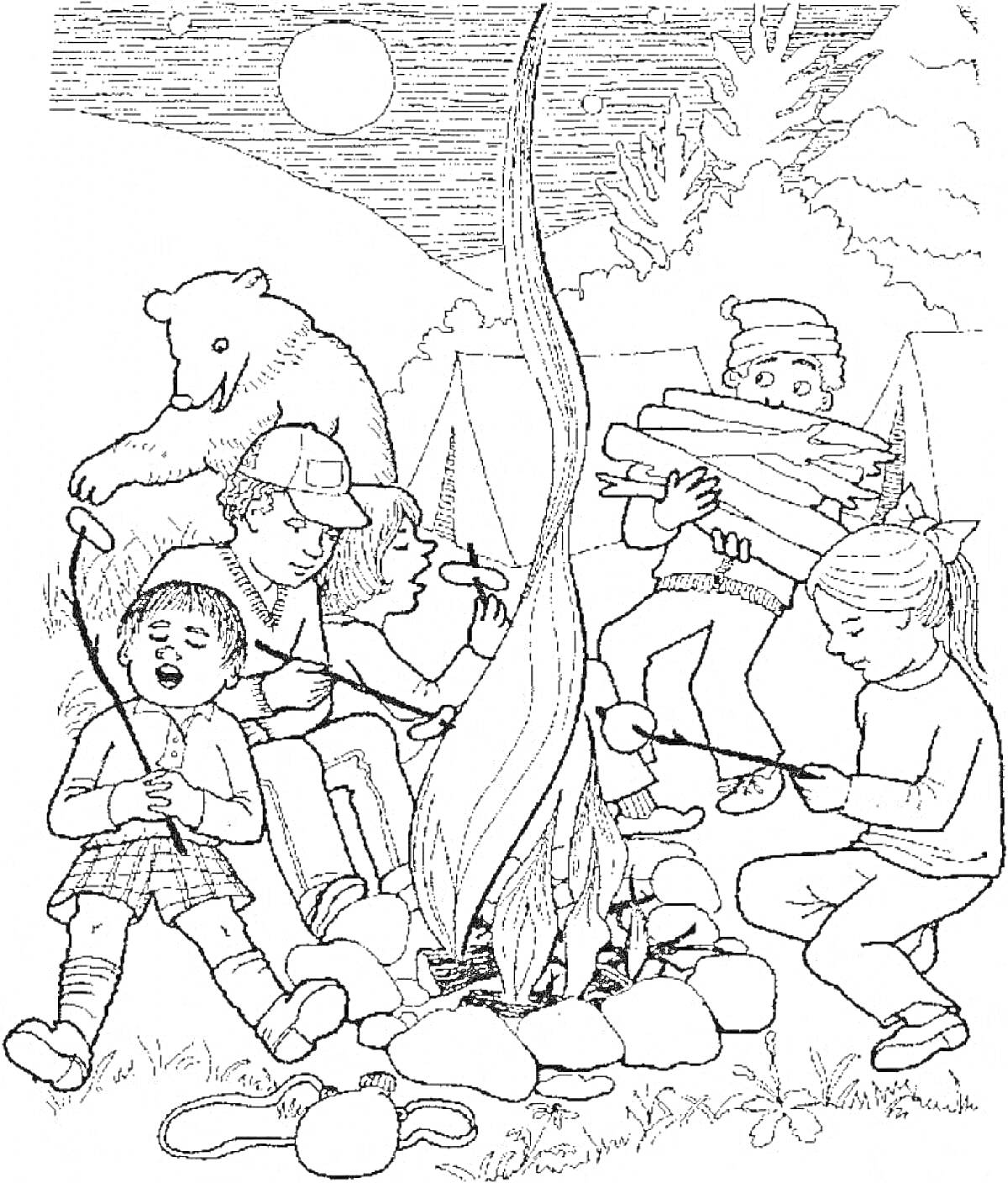 Раскраска Дети у костра с палатками, дровами и медведем на заднем плане