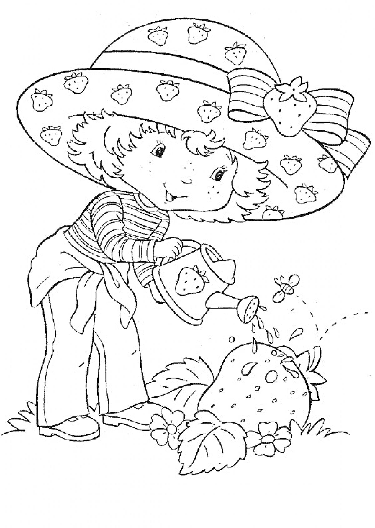Девочка в шляпе поливает клубнику