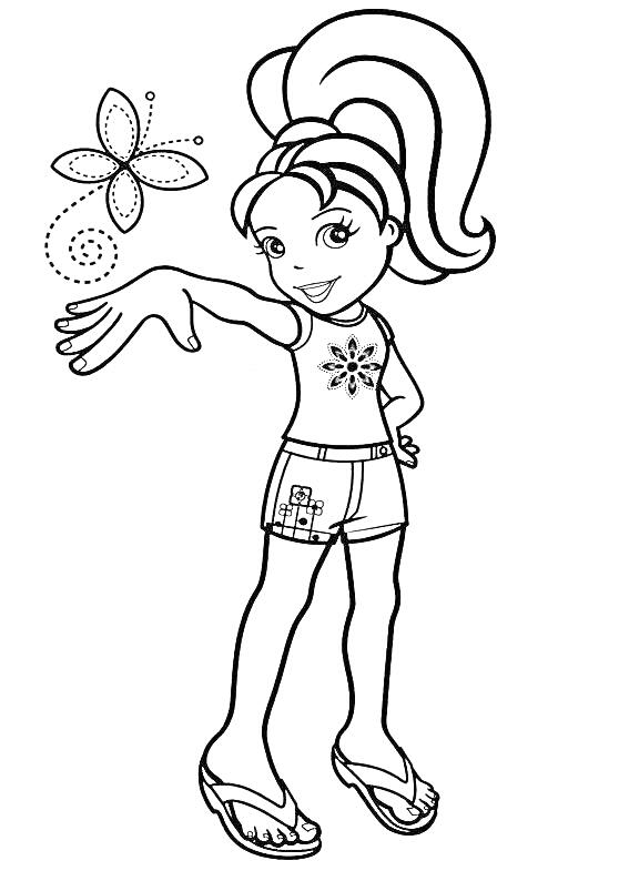 Раскраска Девочка Полли Покет в шлепанцах с цветком и узором на руке и одежде