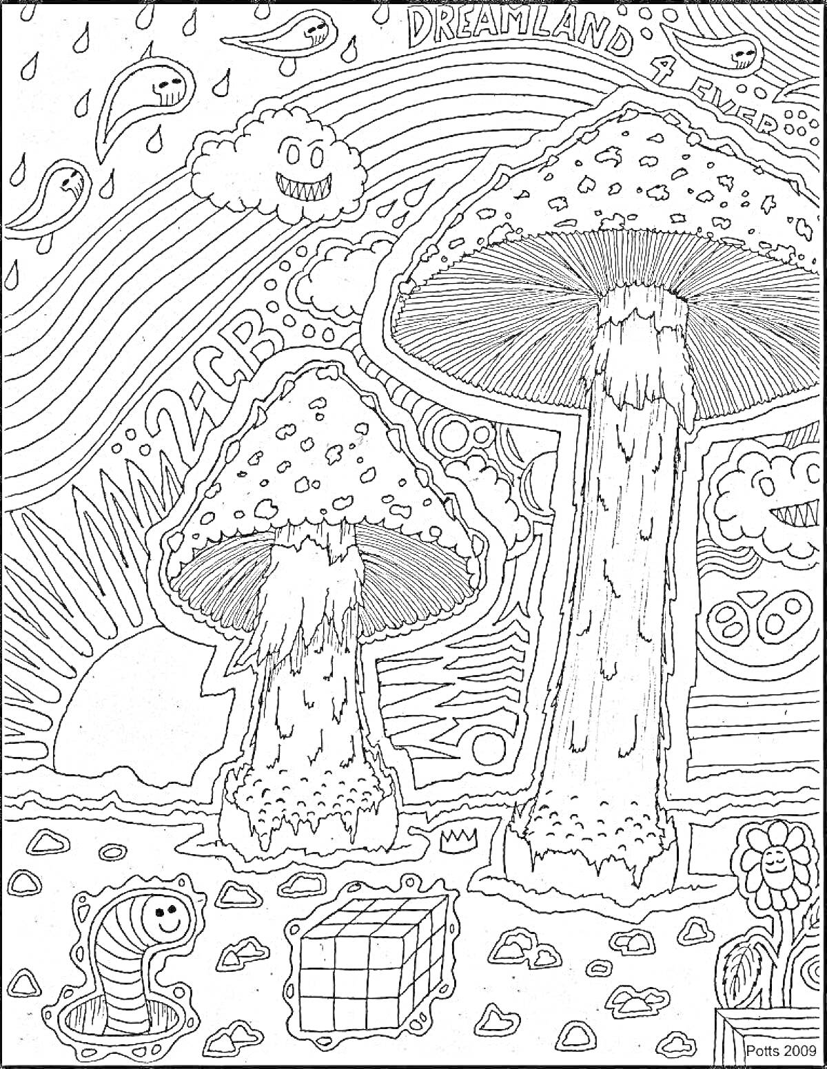 Раскраска Две гриба с стиральной крышкой, облака, червяк, кубик Рубика, цветок солнцезащитные очки, радуга, надпись 
