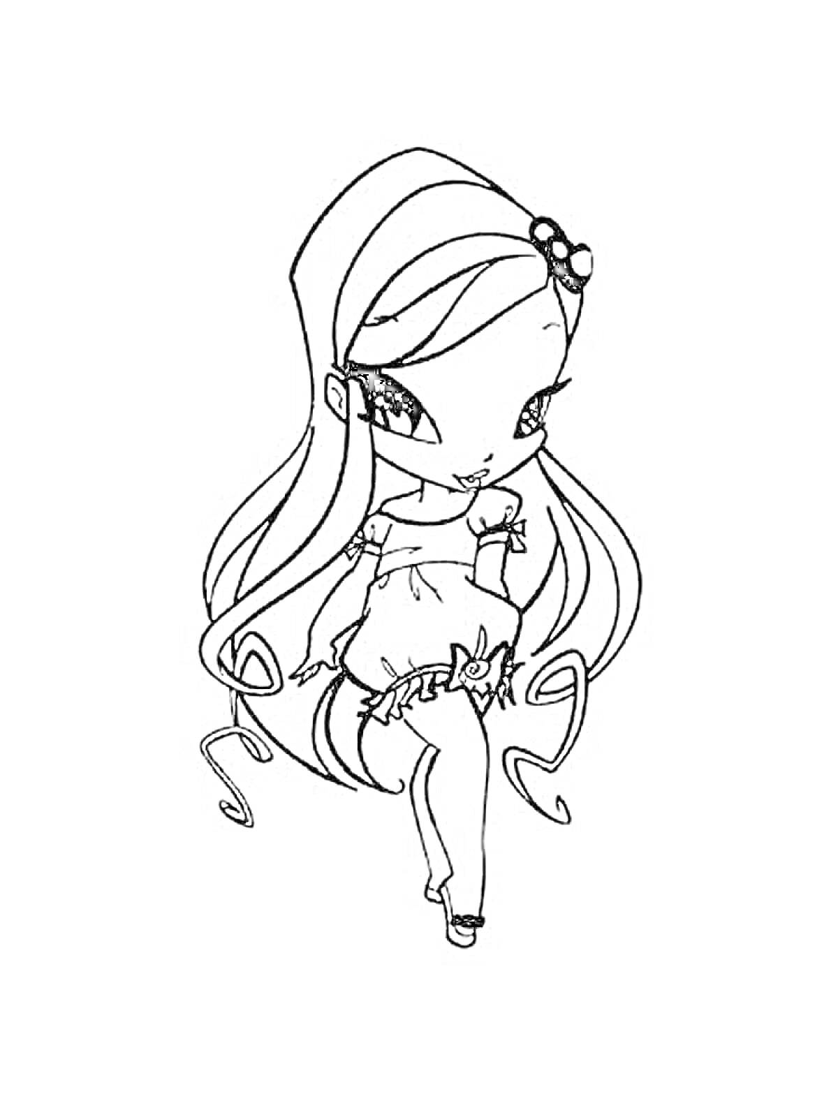 Раскраска Пикси с длинными волосами и бантом на голове, в платье и туфлях