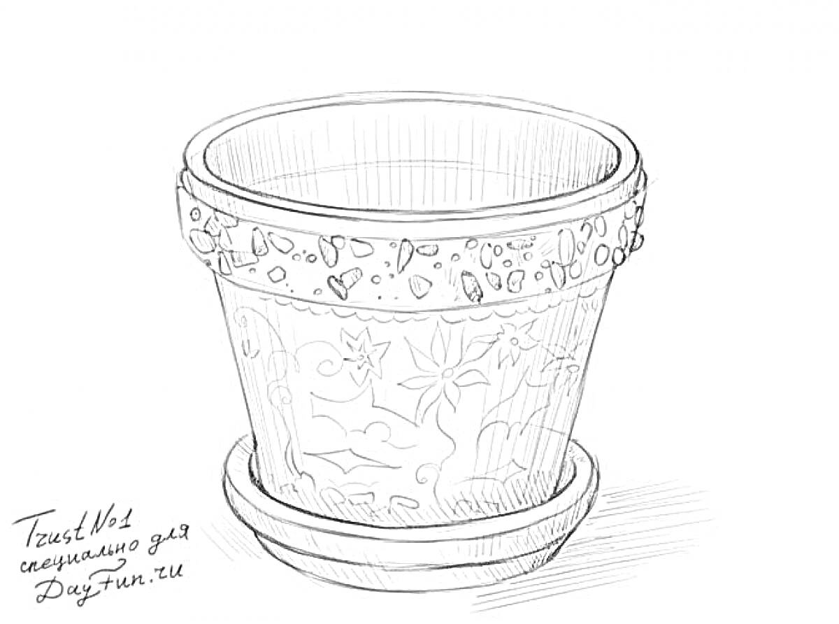 Раскраска цветочный горшок с украшениями и узорами