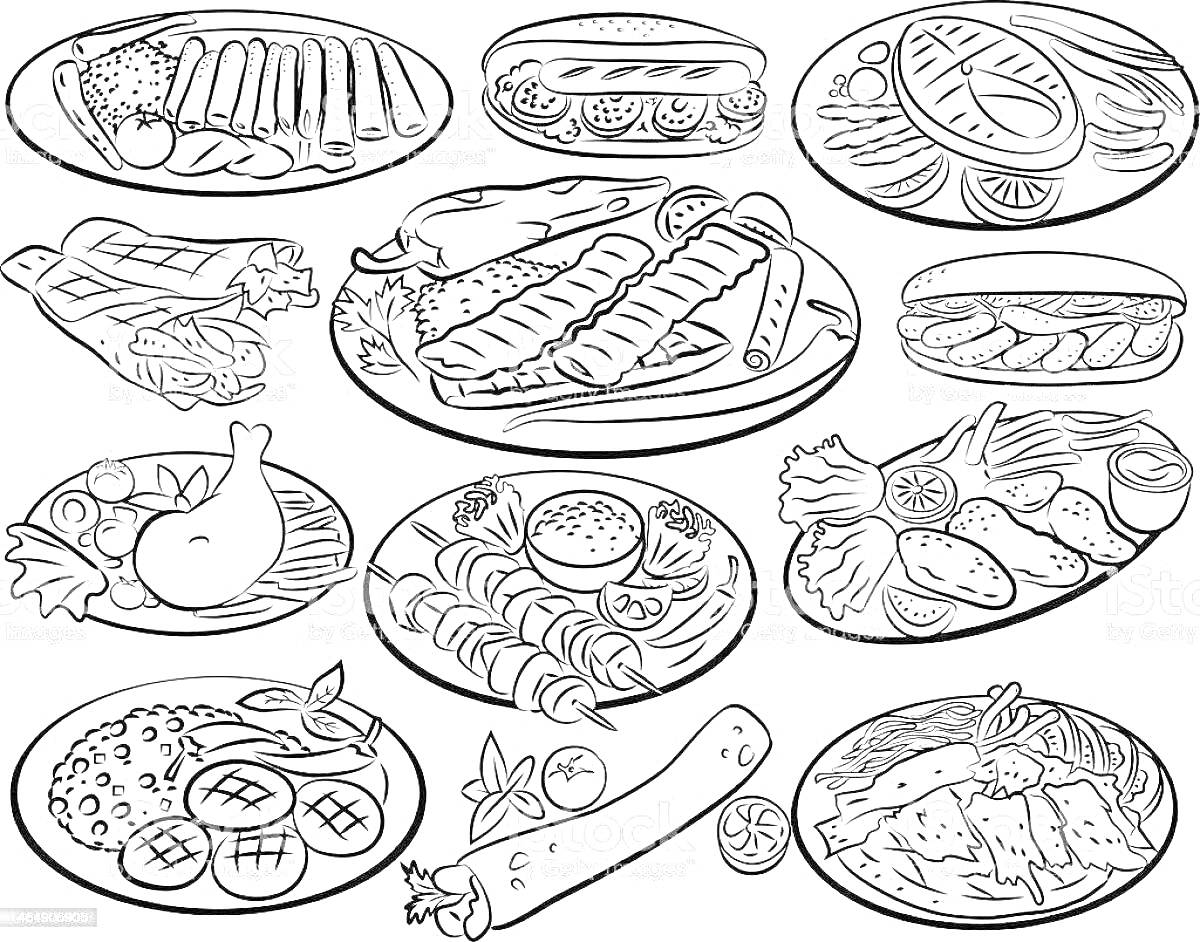Раскраска Национальные блюда с элементами, включая шашлык, тако, буррито, хот-доги, суп с лапшой, плов, овощные гарниры, куриные ножки, котлеты, рулеты.