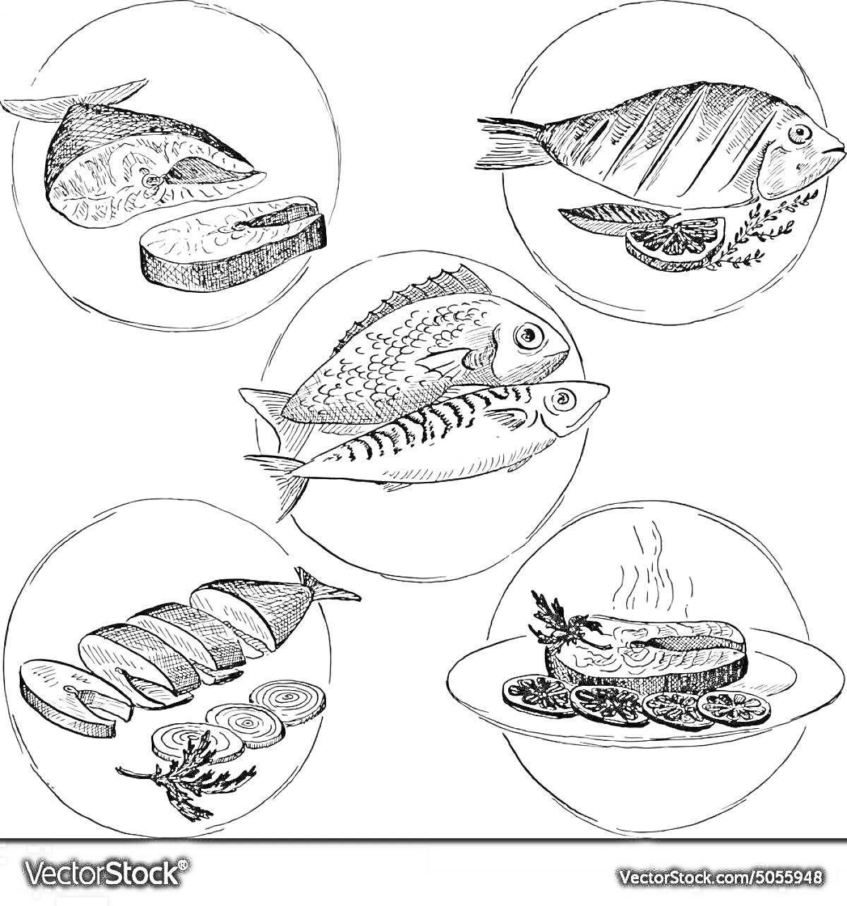 Раскраска Пять изображений рыбных продуктов, включая целую рыбу с гарниром, два вида целых рыбы, нарезанное филе рыбы с лимоном, запеченное рыбное филе с овощами