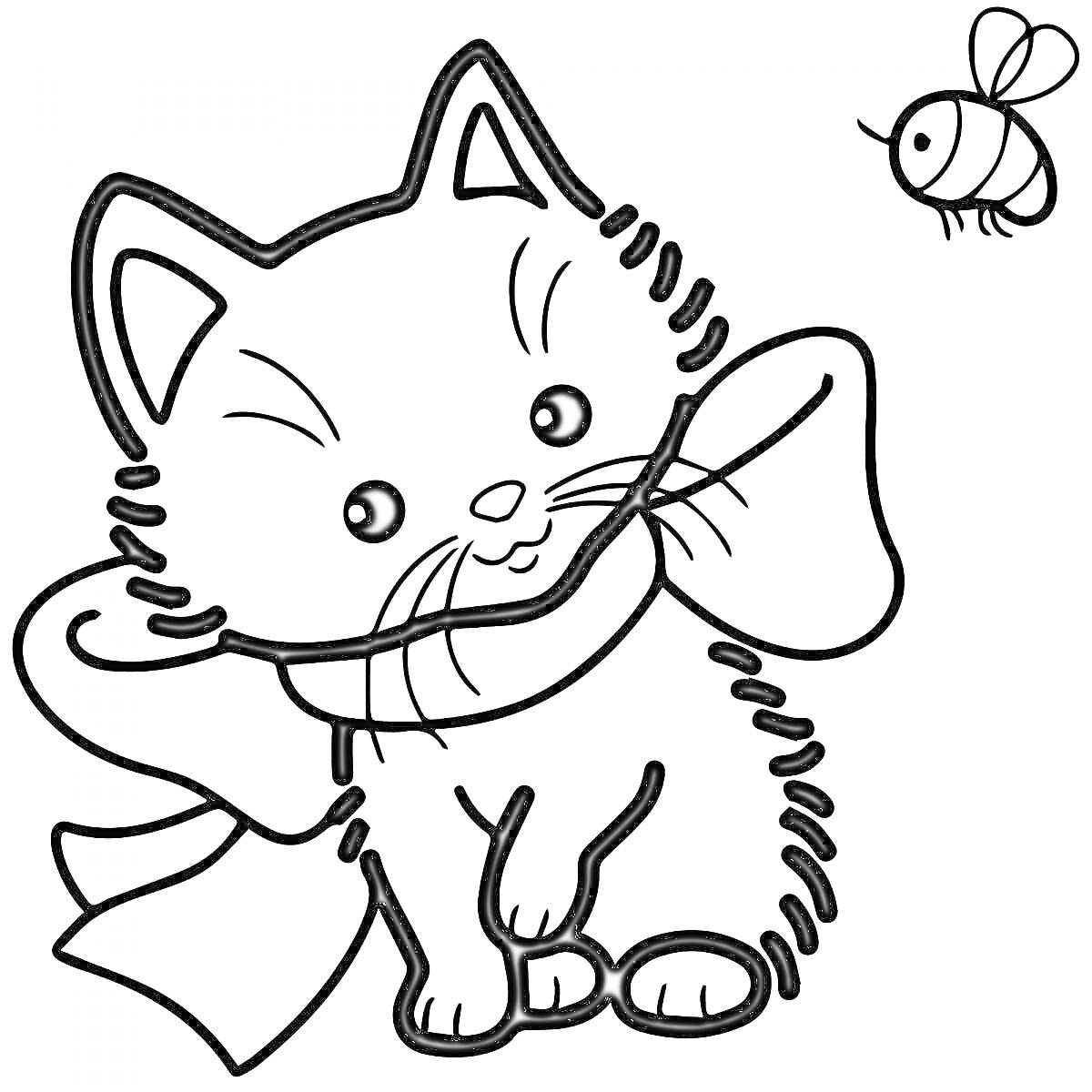 На раскраске изображено: Котёнок, Бант, Пчелка, Для детей, Мило, Животное