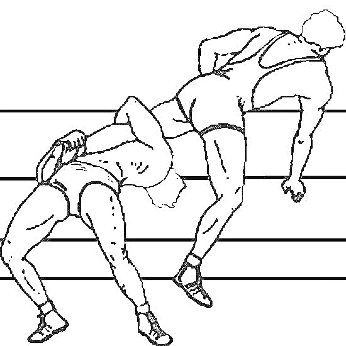 Раскраска Борцы на ринге, один наклонившийся через канаты, другой пытается его поднять