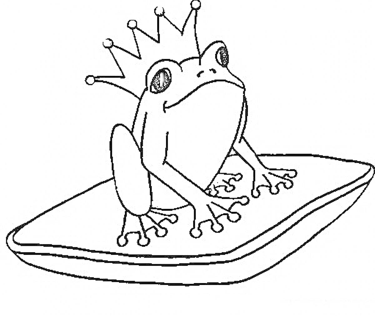 На раскраске изображено: Корона, Подушка, Из сказок, Царевна Лягушка, Амфибия, Лягушки