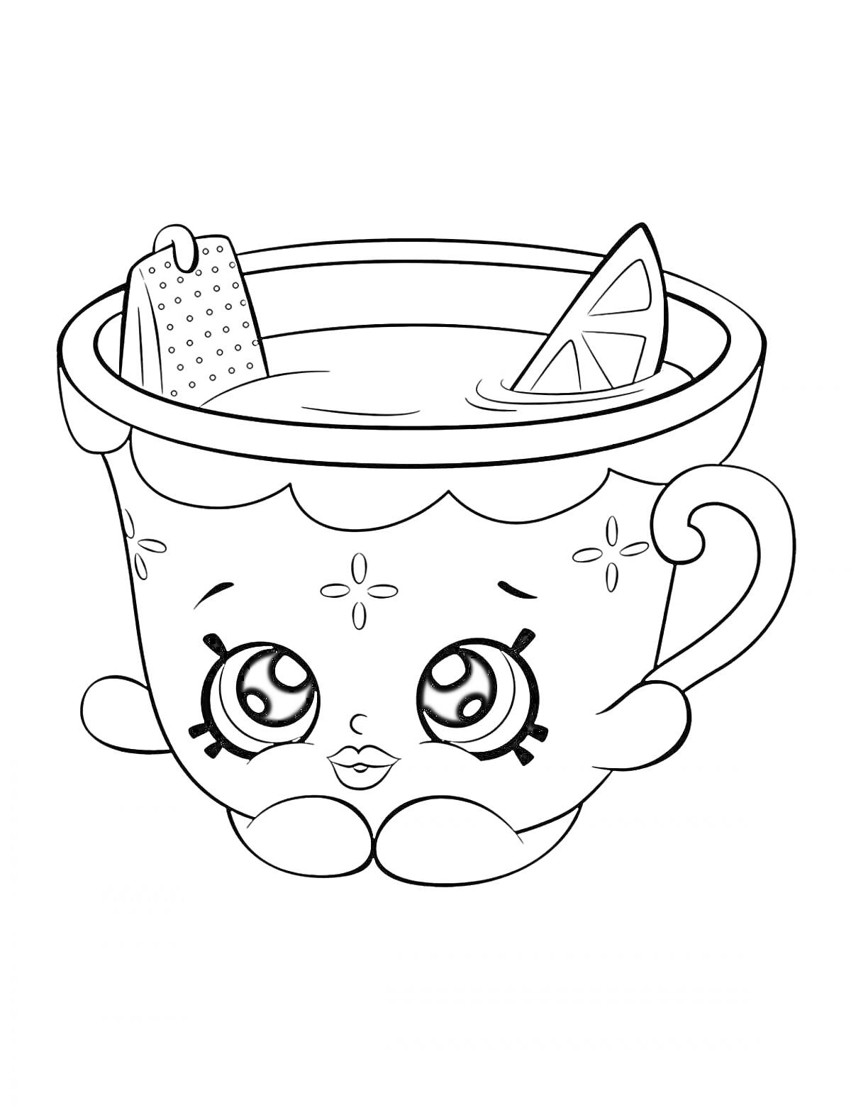 На раскраске изображено: Чашка, Чай, Лимон, Чайный пакетик, Лицо, Милая еда