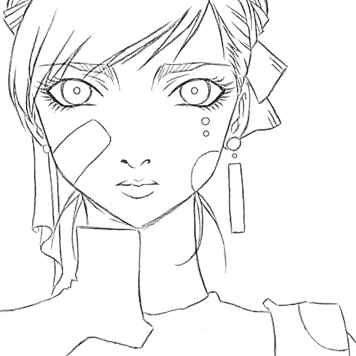 Раскраска Аниме лицо девушки с повязкой, серьги, выражение волнения