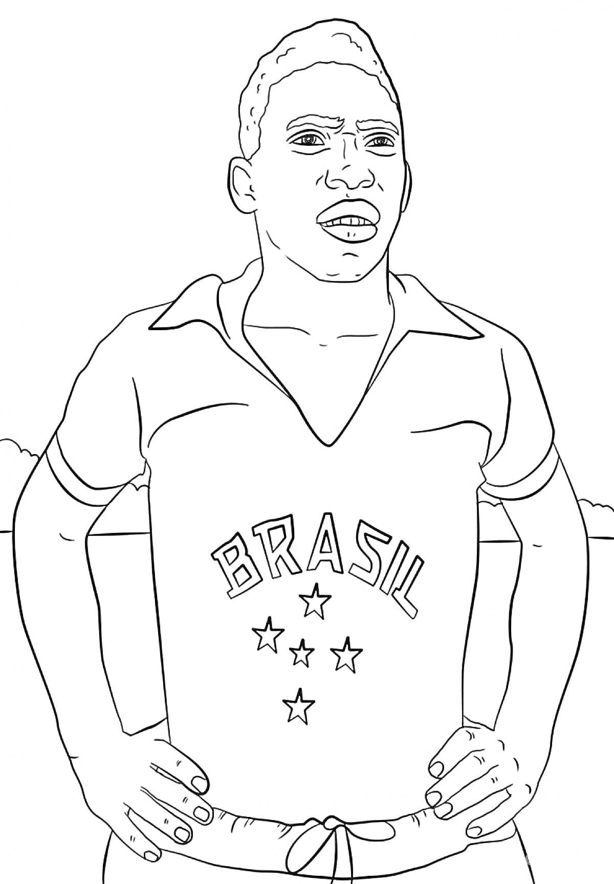 Раскраска Футболист в форме сборной Бразилии с пятью звездами на футболке, руки на бедрах