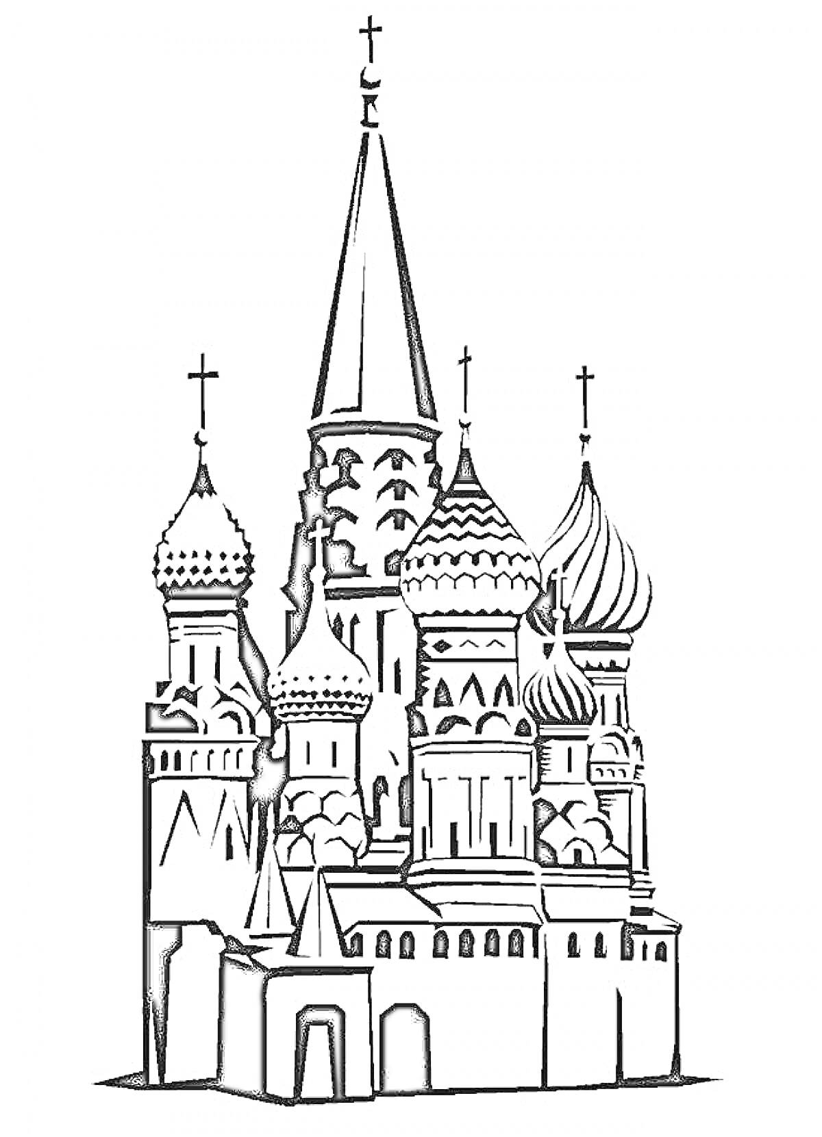 На раскраске изображено: Кремль, Собор, Купола, Башни, Архитектура, Россия, Москва, Достопримечательности, Крест