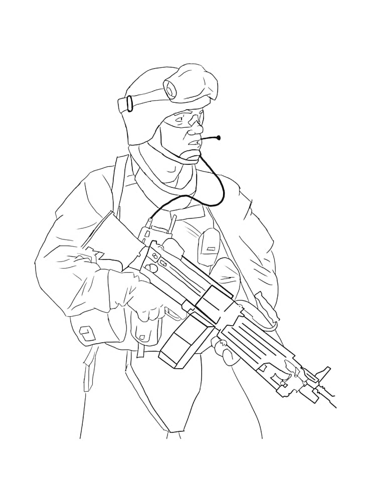 РаскраскаСолдат в шлеме с микрофоном и штурмовой винтовкой