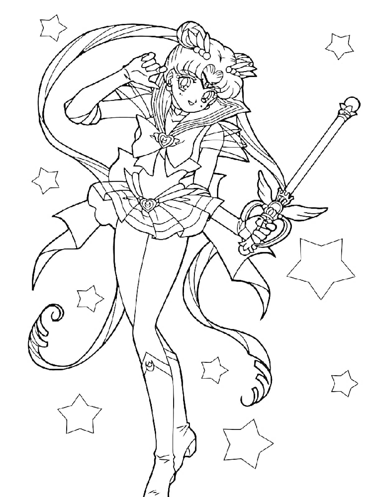 Раскраска Девушка-воин в костюме морячки с длинными волосами и волшебным жезлом на фоне звезд