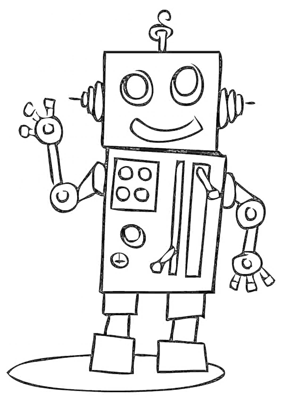 На раскраске изображено: Робот, Для детей, Техника, Антенны, Глаза, Ноги, Шестеренки