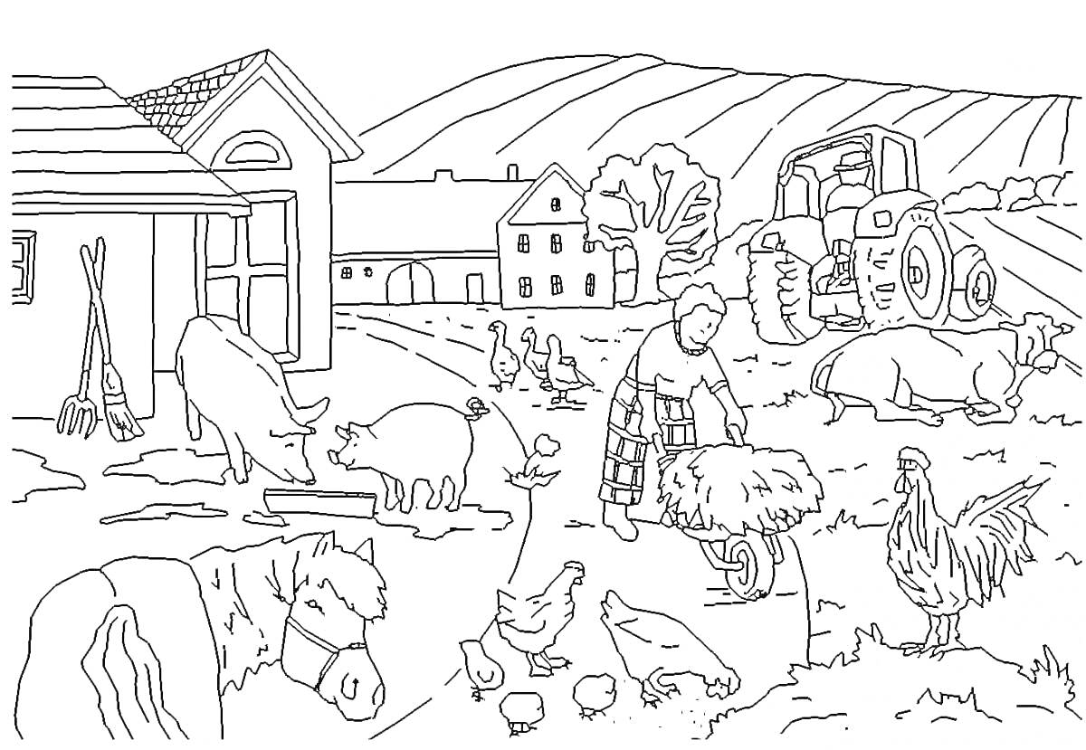 На раскраске изображено: Деревня, Дом, Животные, Корова, Свиньи, Цыплята, Петух, Трактор, Человек, Сено, Сельское хозяйство