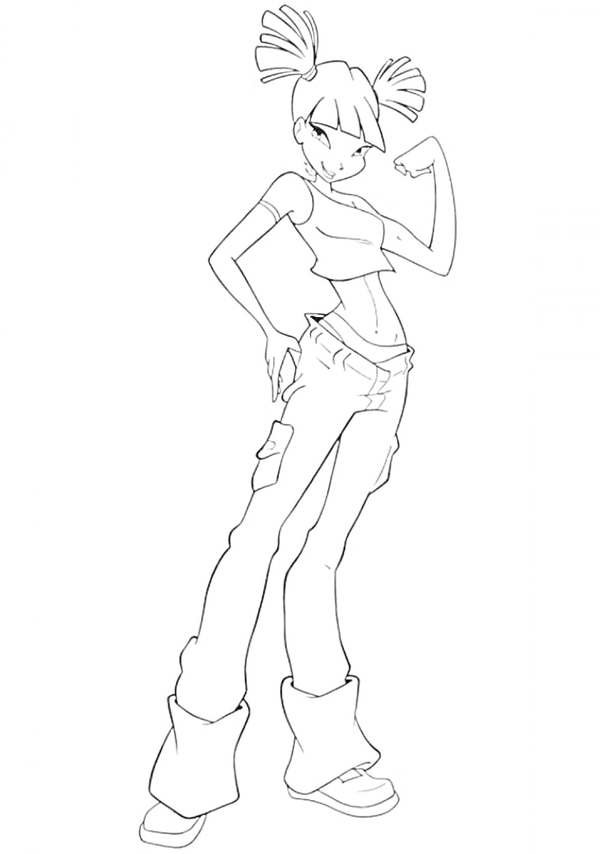Раскраска Фея из Винкс, стоящая в позе с согнутой рукой, одетая в топ и брюки