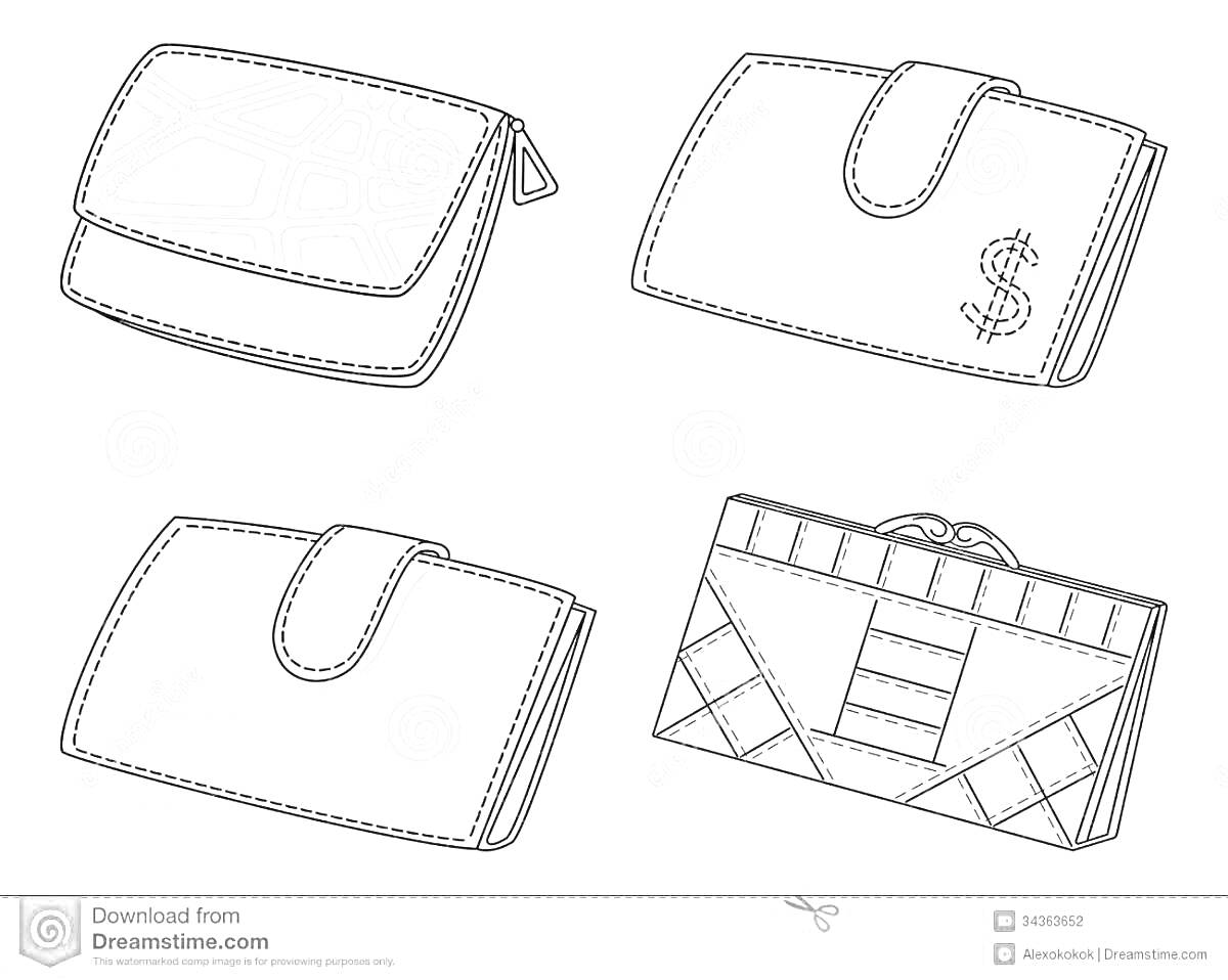 Раскраска Четыре кошелька с различным дизайном, один с застежкой-молнией, один с символом доллара, один с простым клапаном и один с геометрическими узорами