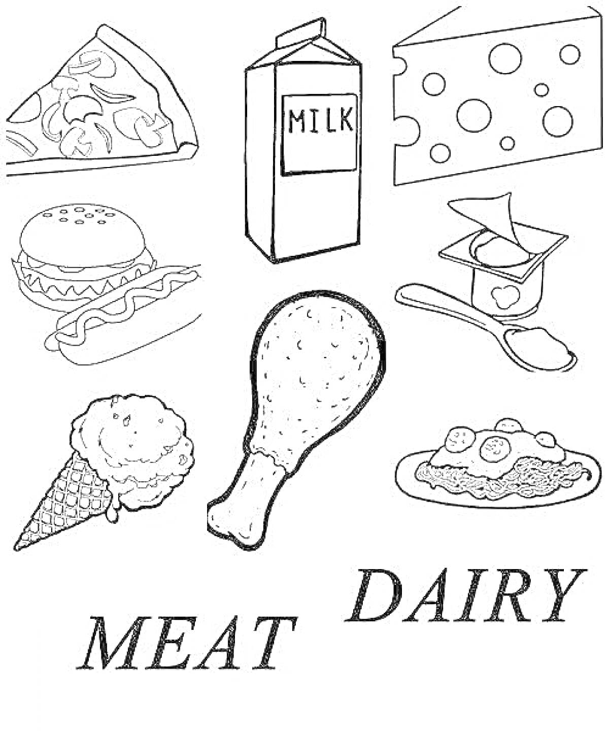 На раскраске изображено: Пицца, Молоко, Сыр, Гамбургер, Йогурт, Мороженое, Продукты, Еда, Мясо, Молочные продукты
