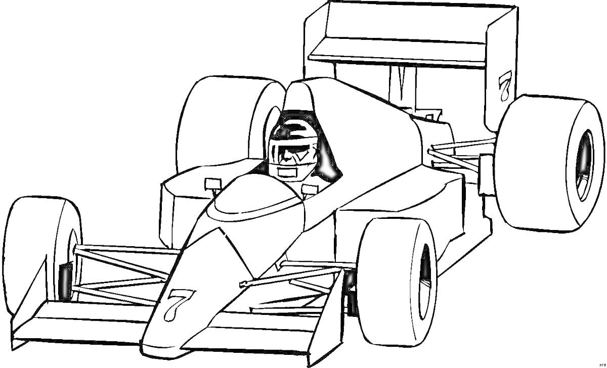 Раскраска Гоночный болид Формула 1 с гонщиком внутри, номер 7