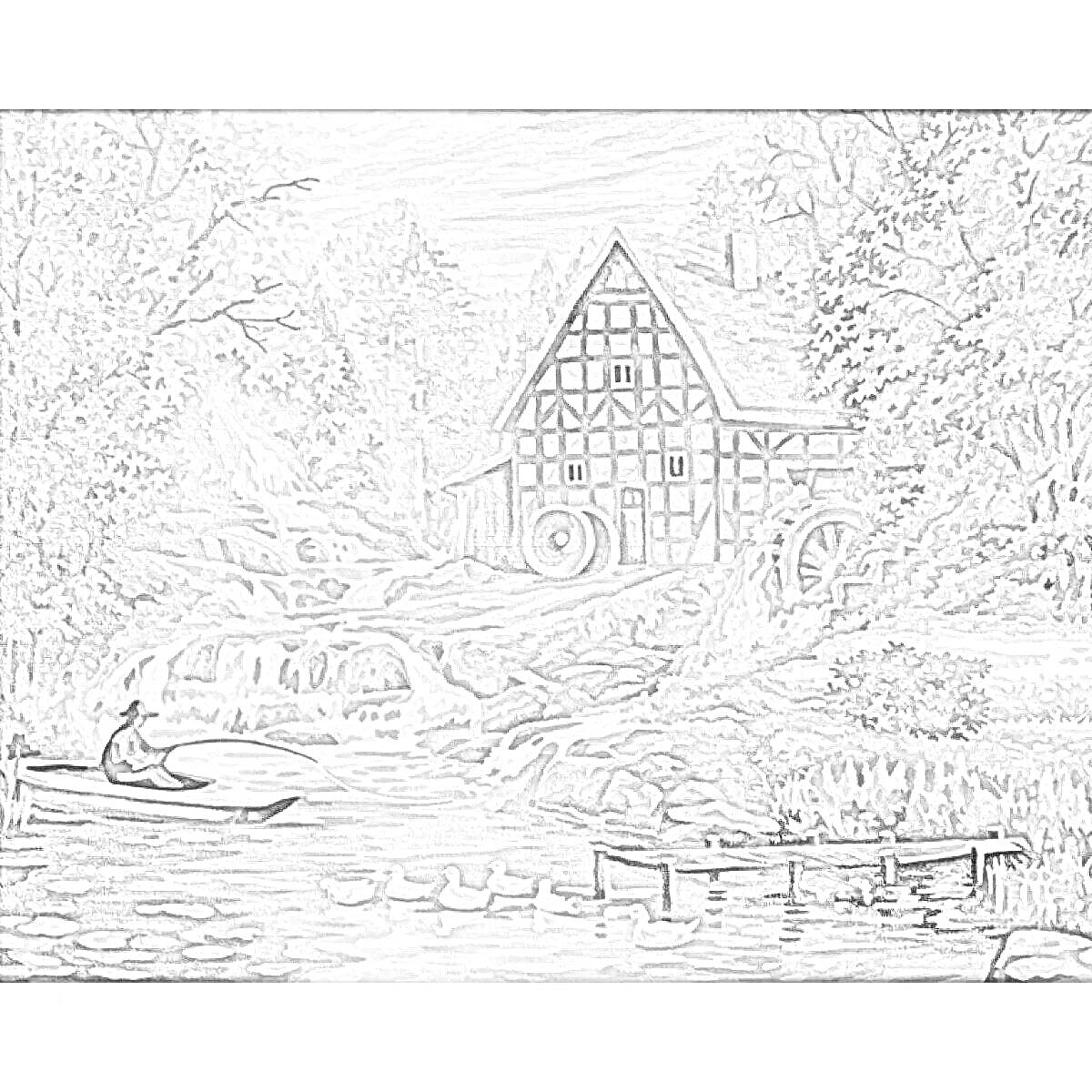 Раскраска Пейзаж с мельницей, домом, лодкой с лодочником, утками на реке, каскадным водопадом и лесом