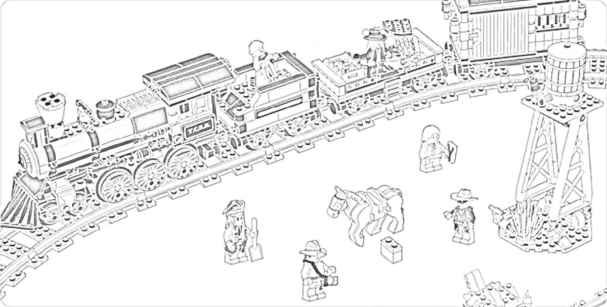 На раскраске изображено: Лего, Поезд, Вагоны, Железная дорога, Водонапорная башня, Игрушечный поезд