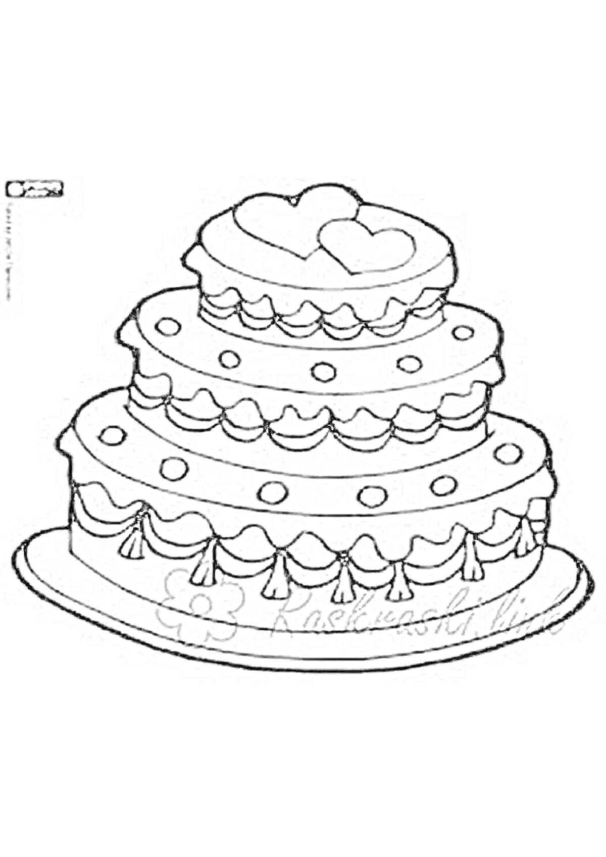 На раскраске изображено: Торт, Трехъярусный, Украшения, 5 лет, 6 лет, Сладости