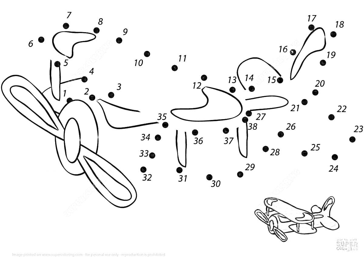 Раскраска Соединяем точки — самолет с пропеллером