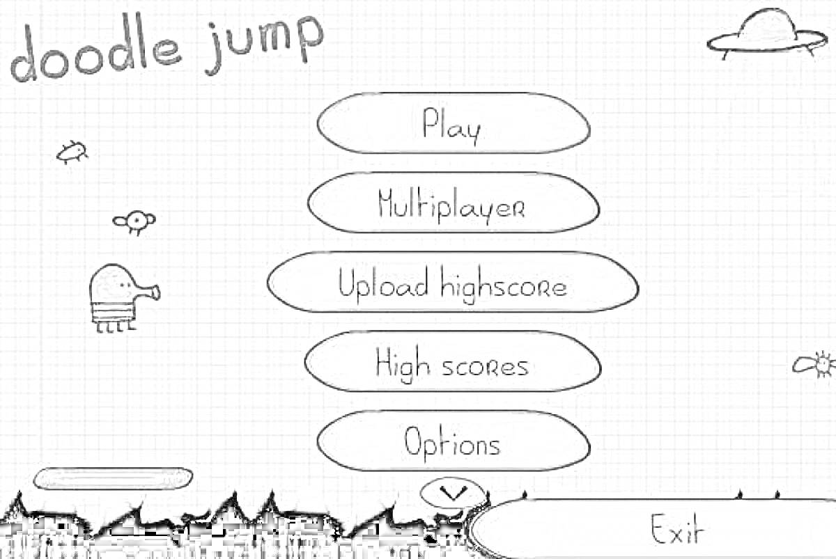 Раскраска Главное меню Doodle Jump: инопланетянин, летающая тарелка, кнопки 