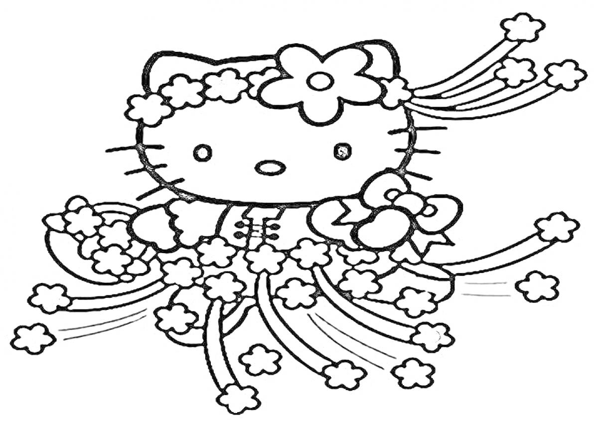Раскраска Hello Kitty с венком из цветов и декоративными лентами, цветы на фоне