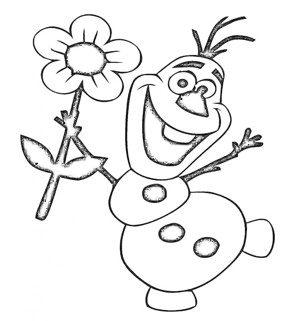 Раскраска Олаф с цветком, смеющийся снеговик с поднесенным к лицу большим цветком