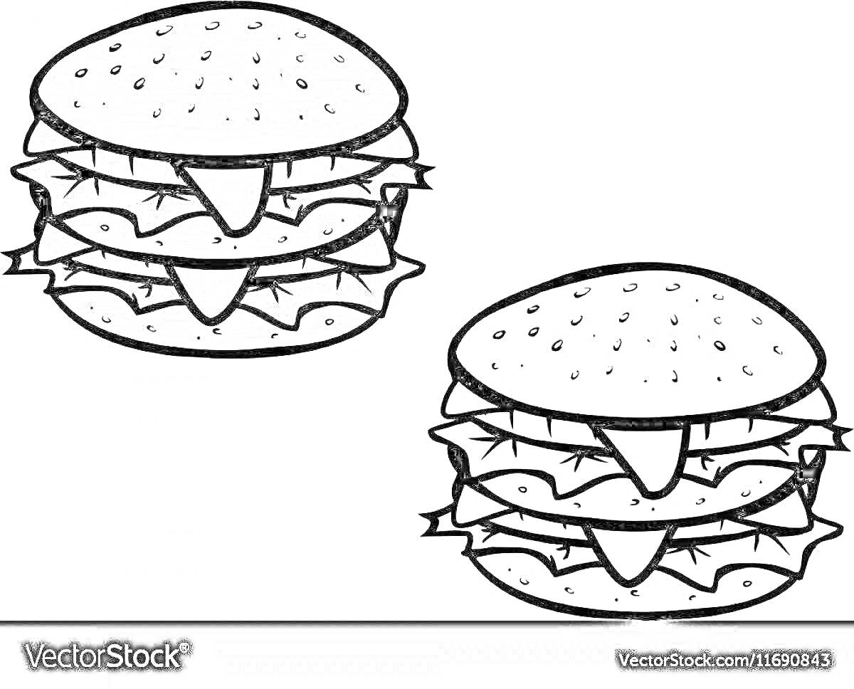 Раскраска Двойной гамбургер с листьями салата и сыром