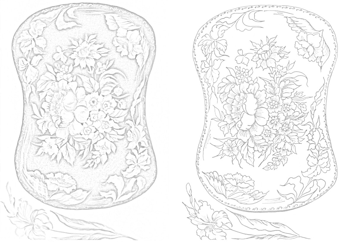 Раскраска Жостовская роспись с цветами на подносе, контур и раскрашенный вариант