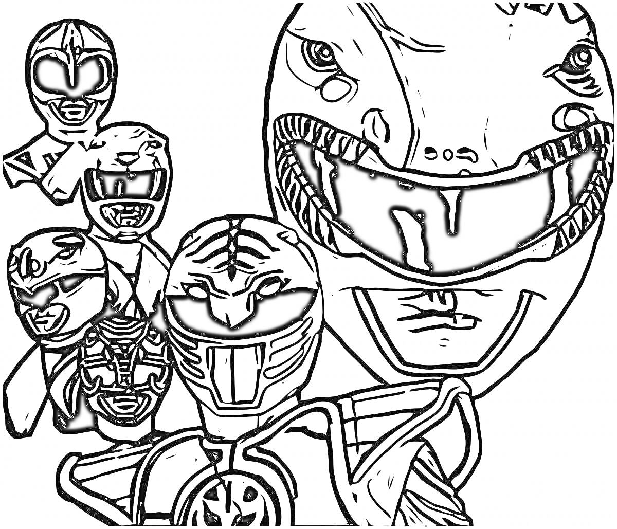 На раскраске изображено: Шлемы, Динозавр, Команда, Герой, Костюм