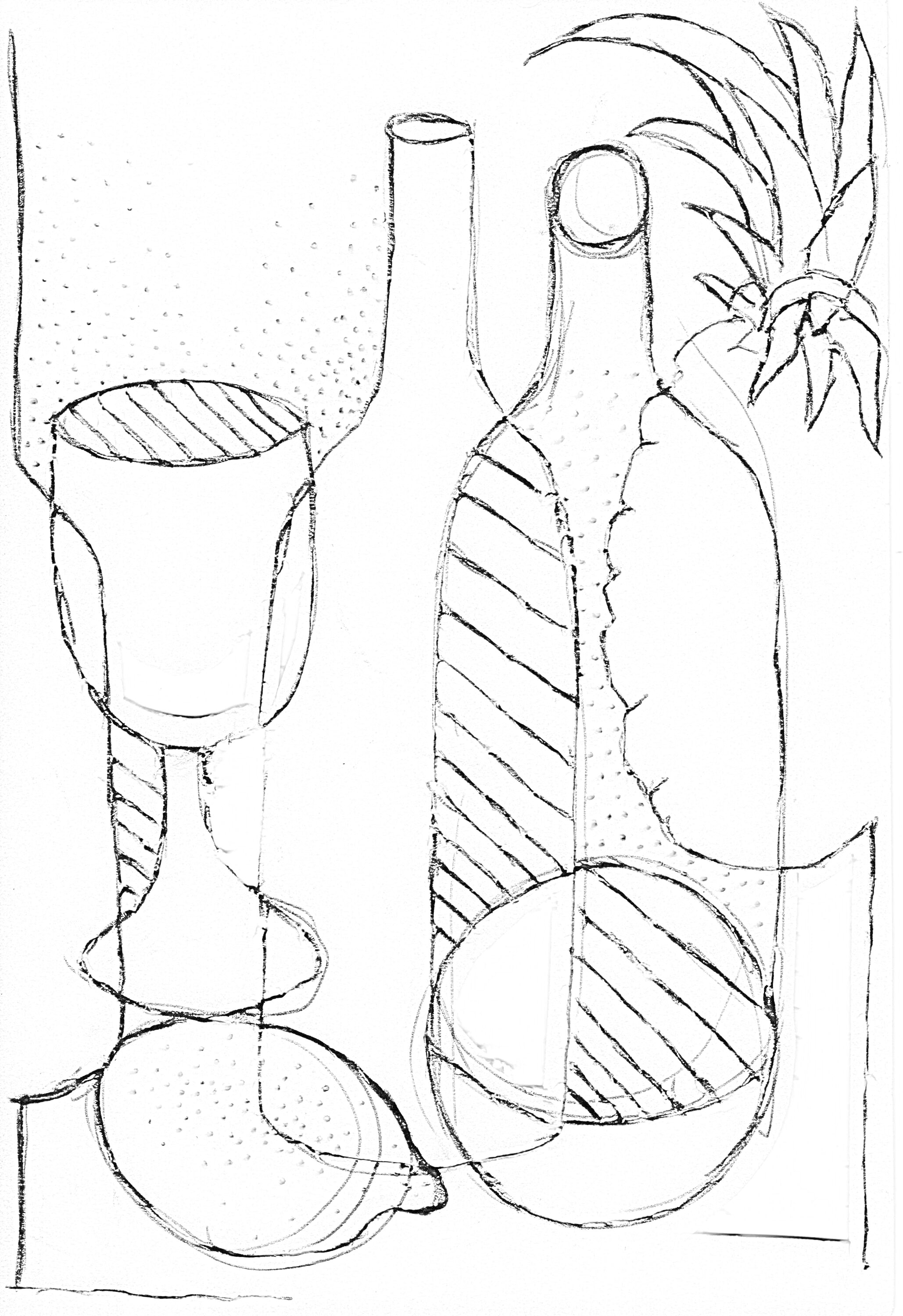 Раскраска Бокал, две бутылки, ананас и два лимона