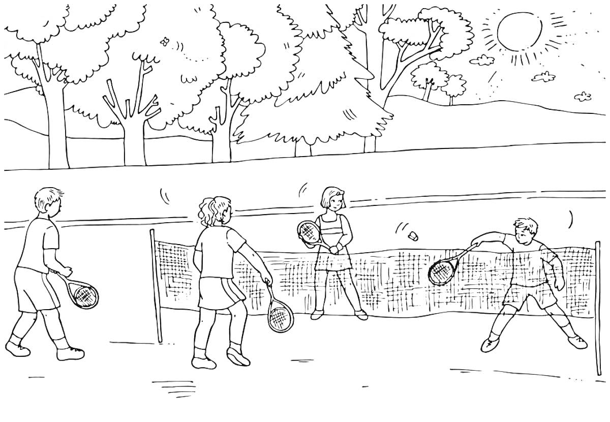 Раскраска Дети играют в теннис на травяном корте с деревянной сеткой, на заднем плане - деревья, холмы и солнце.