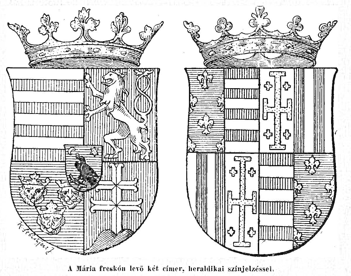 Раскраска Два рыцарских герба с коронами: слева герб с изображениями льва, птицы, крестов и полос, справа герб с крестами, лилиями и полосами